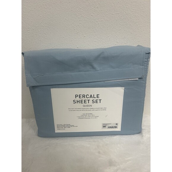 AQ Textiles Percale Sheet Set Queen Solid Blue 4 Piece 220 Thread Count - Picture 2 of 2
